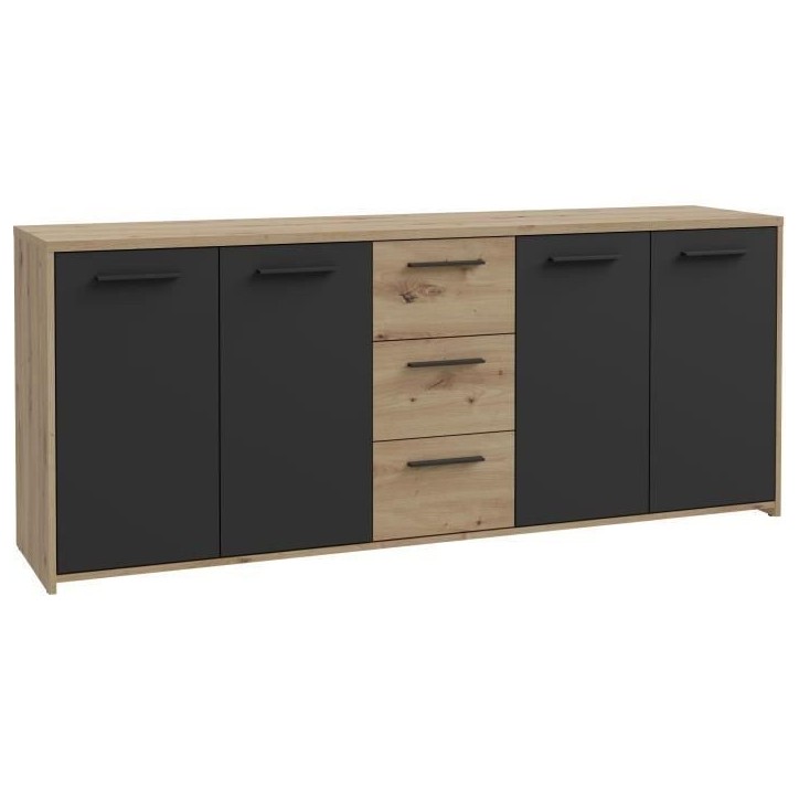 Buffet PILVI - Style contemporain - Particules mélaminé -Décor Chene artisan et Noir- 4 portes + 3 tiroirs - L179,2 x P42 x H Buffet PILVI - Style contemporain - Particules mélaminé -Décor Chene artisan et Noir- 4 portes + 3 tiroirs - L179,2 x P42 x H
