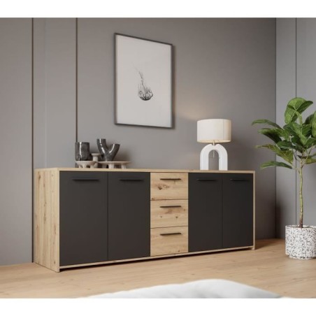 Buffet PILVI - Style contemporain - Particules mélaminé -Décor Chene artisan et Noir- 4 portes + 3 tiroirs - L179,2 x P42 x H