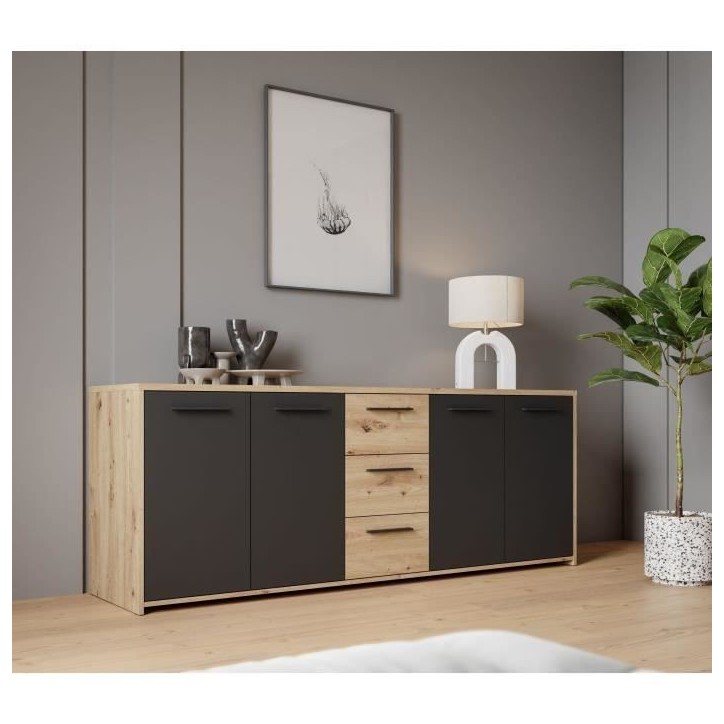 Buffet PILVI - Style contemporain - Particules mélaminé -Décor Chene artisan et Noir- 4 portes + 3 tiroirs - L179,2 x P42 x H Buffet PILVI - Style contemporain - Particules mélaminé -Décor Chene artisan et Noir- 4 portes + 3 tiroirs - L179,2 x P42 x H