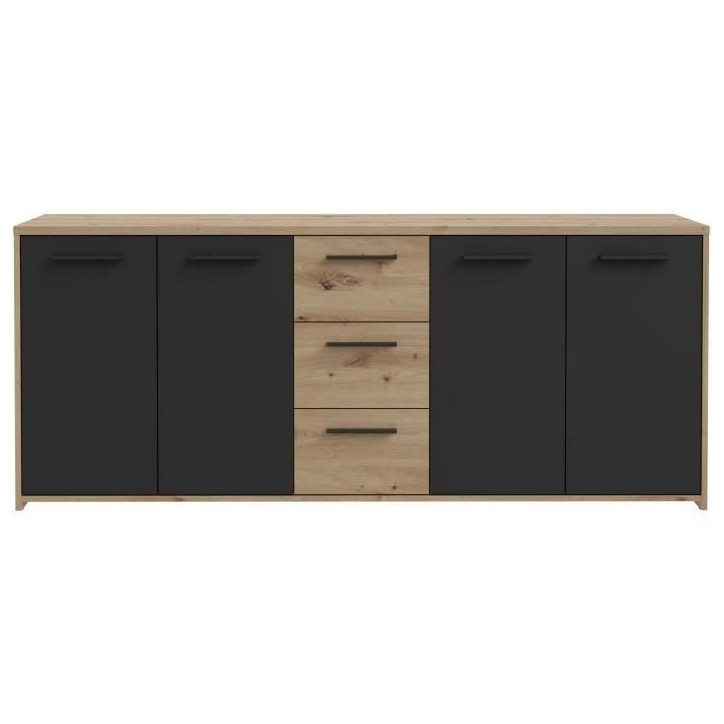 Buffet PILVI - Style contemporain - Particules mélaminé -Décor Chene artisan et Noir- 4 portes + 3 tiroirs - L179,2 x P42 x H Buffet PILVI - Style contemporain - Particules mélaminé -Décor Chene artisan et Noir- 4 portes + 3 tiroirs - L179,2 x P42 x H