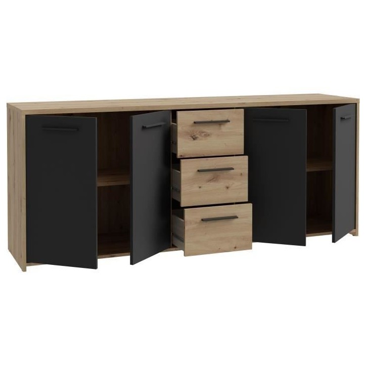 Buffet PILVI - Style contemporain - Particules mélaminé -Décor Chene artisan et Noir- 4 portes + 3 tiroirs - L179,2 x P42 x H Buffet PILVI - Style contemporain - Particules mélaminé -Décor Chene artisan et Noir- 4 portes + 3 tiroirs - L179,2 x P42 x H