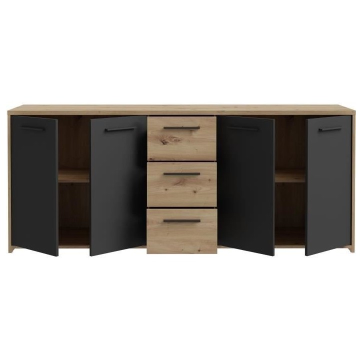 Buffet PILVI - Style contemporain - Particules mélaminé -Décor Chene artisan et Noir- 4 portes + 3 tiroirs - L179,2 x P42 x H Buffet PILVI - Style contemporain - Particules mélaminé -Décor Chene artisan et Noir- 4 portes + 3 tiroirs - L179,2 x P42 x H