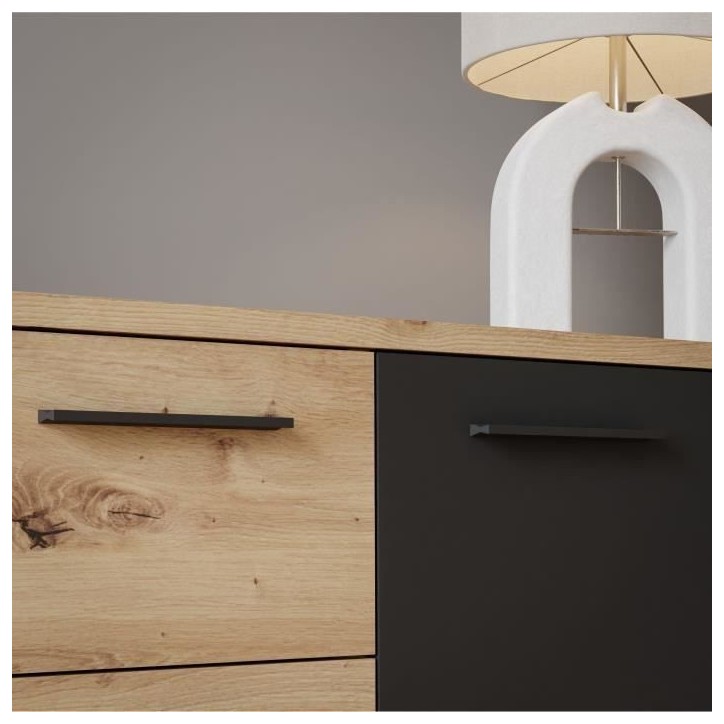 Buffet PILVI - Style contemporain - Particules mélaminé -Décor Chene artisan et Noir- 4 portes + 3 tiroirs - L179,2 x P42 x H Buffet PILVI - Style contemporain - Particules mélaminé -Décor Chene artisan et Noir- 4 portes + 3 tiroirs - L179,2 x P42 x H
