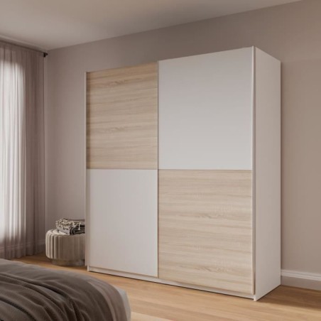 Armoire 2 portes coulissantes - Panneaux de particules - Décor chene et blanc - L 170,3 x P 61,2 x H 190,5 cm - ULOS
