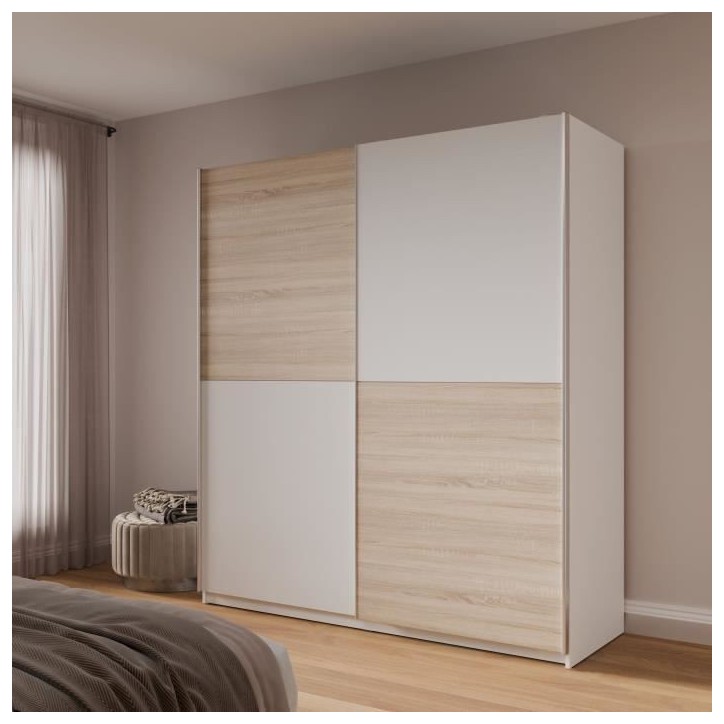 Armoire 2 portes coulissantes - Panneaux de particules - Décor chene et blanc - L 170,3 x P 61,2 x H 190,5 cm - ULOS Armoire 2 portes coulissantes - Panneaux de particules - Décor chene et blanc - L 170,3 x P 61,2 x H 190,5 cm - ULOS