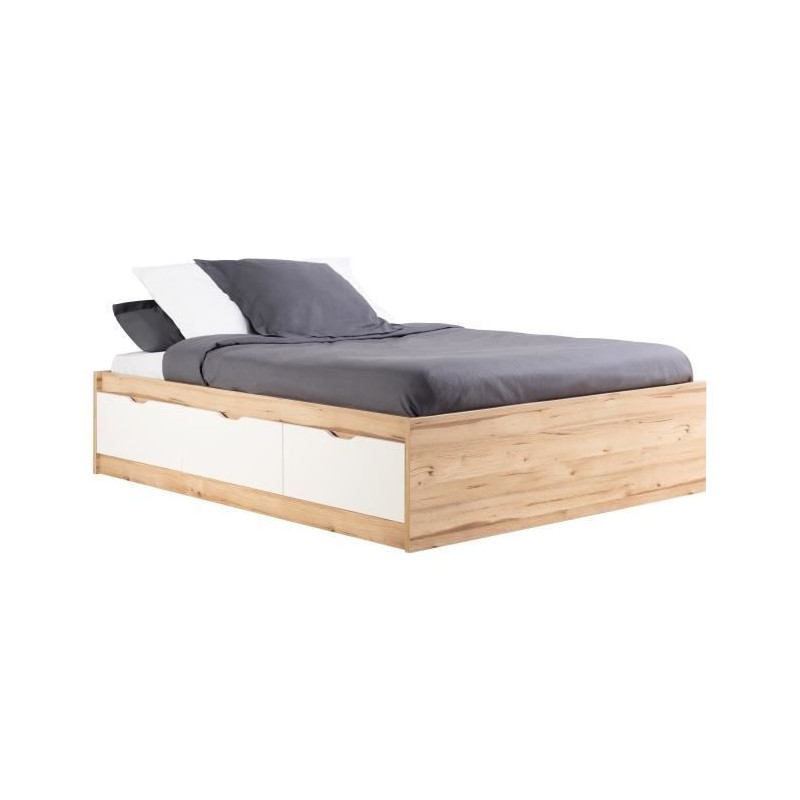 Lit adulte scandinave 3 tiroirs décor chene et blanc mat - l 140 x L Lit adulte scandinave 3 tiroirs décor chene et blanc mat - l 140 x L
