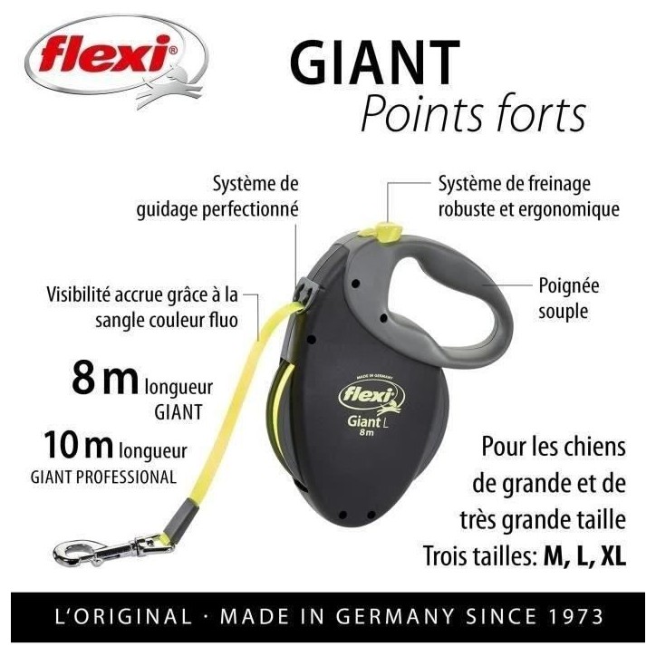 Laisse enrouleur Flexi Neon Giant - FLEXI - GT3-210-S-NEO-12 - Noir et jaune - Pour chiens jusqu'a 50 kg