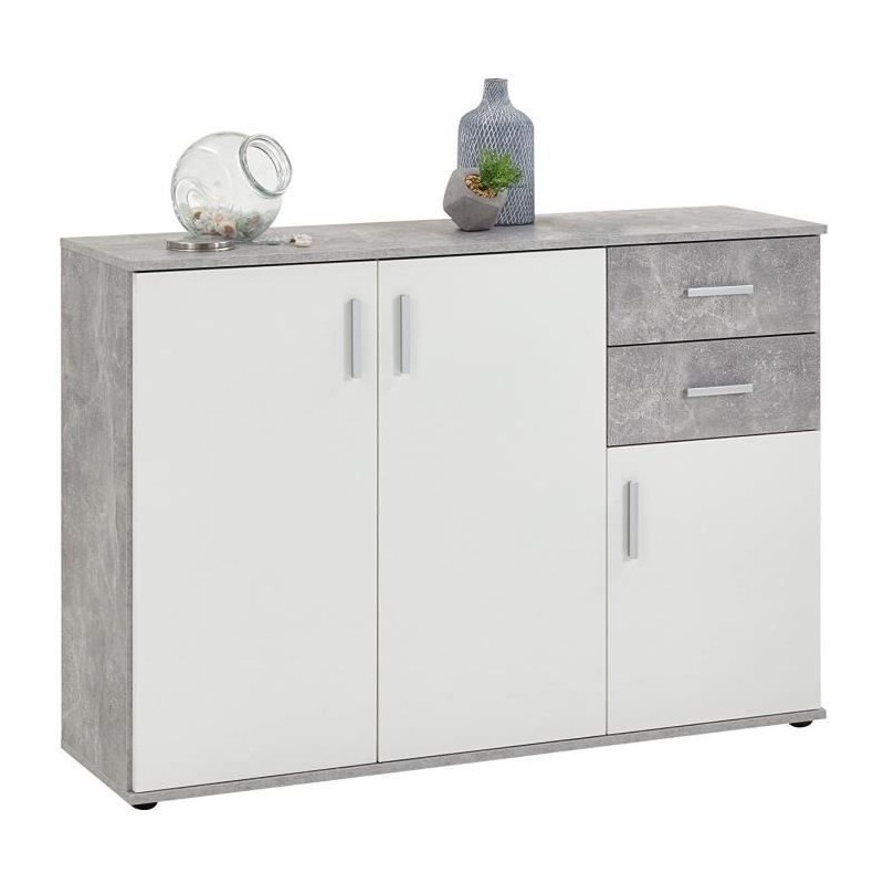 Buffet bicolore - Décor gris béton LA et blanc - 3 portes + 2 tiroir Buffet bicolore - Décor gris béton LA et blanc - 3 portes + 2 tiroir
