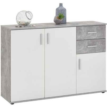 Buffet bicolore - Décor gris béton LA et blanc - 3 portes + 2 tiroir