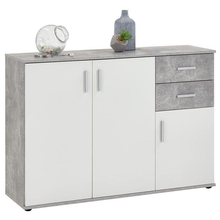 Buffet bicolore - Décor gris béton LA et blanc - 3 portes + 2 tiroirs - L120,5 x H83 x P35 cm - Fabriqué en Allemagne Buffet bicolore - Décor gris béton LA et blanc - 3 portes + 2 tiroirs - L120,5 x H83 x P35 cm - Fabriqué en Allemagne