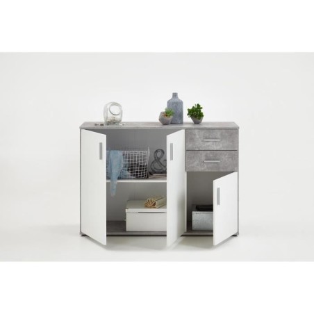 Buffet bicolore - Décor gris béton LA et blanc - 3 portes + 2 tiroirs - L120,5 x H83 x P35 cm - Fabriqué en Allemagne