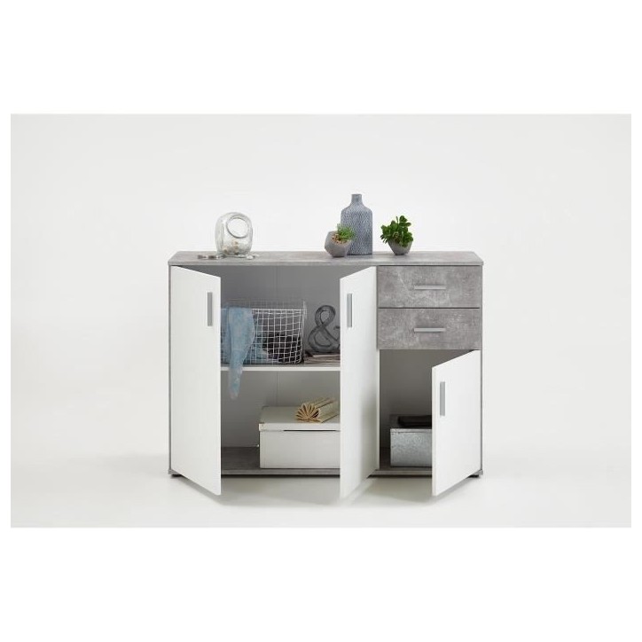 Buffet bicolore - Décor gris béton LA et blanc - 3 portes + 2 tiroirs - L120,5 x H83 x P35 cm - Fabriqué en Allemagne Buffet bicolore - Décor gris béton LA et blanc - 3 portes + 2 tiroirs - L120,5 x H83 x P35 cm - Fabriqué en Allemagne
