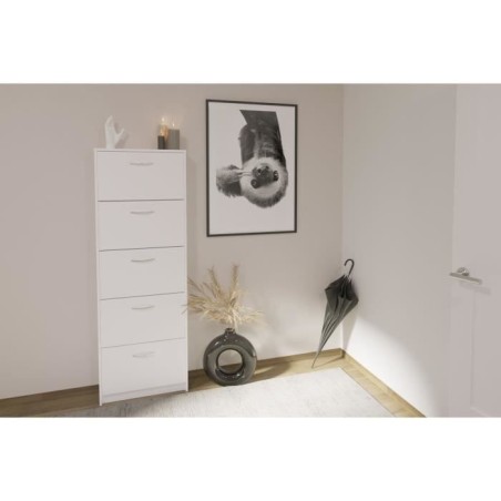 Meuble a chaussures - Blanc - 5 Abattants - 10 paires - L58,5 x H168,5 x P17 cm - Fabriqué en Allemagne