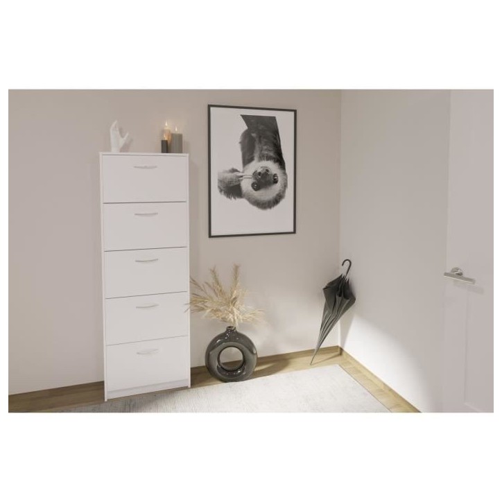 Meuble a chaussures - Blanc - 5 Abattants - 10 paires - L58,5 x H168,5 x P17 cm - Fabriqué en Allemagne Meuble a chaussures - Blanc - 5 Abattants - 10 paires - L58,5 x H168,5 x P17 cm - Fabriqué en Allemagne