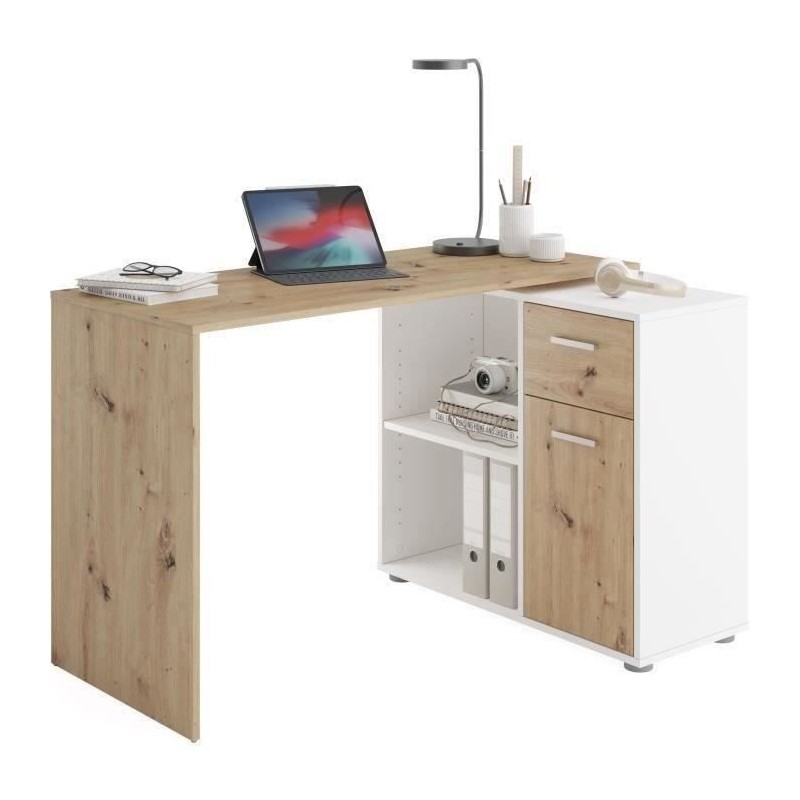Bureau d'angle avec rangements Albrecht - Mélaminé chene et blanc - Bureau d'angle avec rangements Albrecht - Mélaminé chene et blanc -