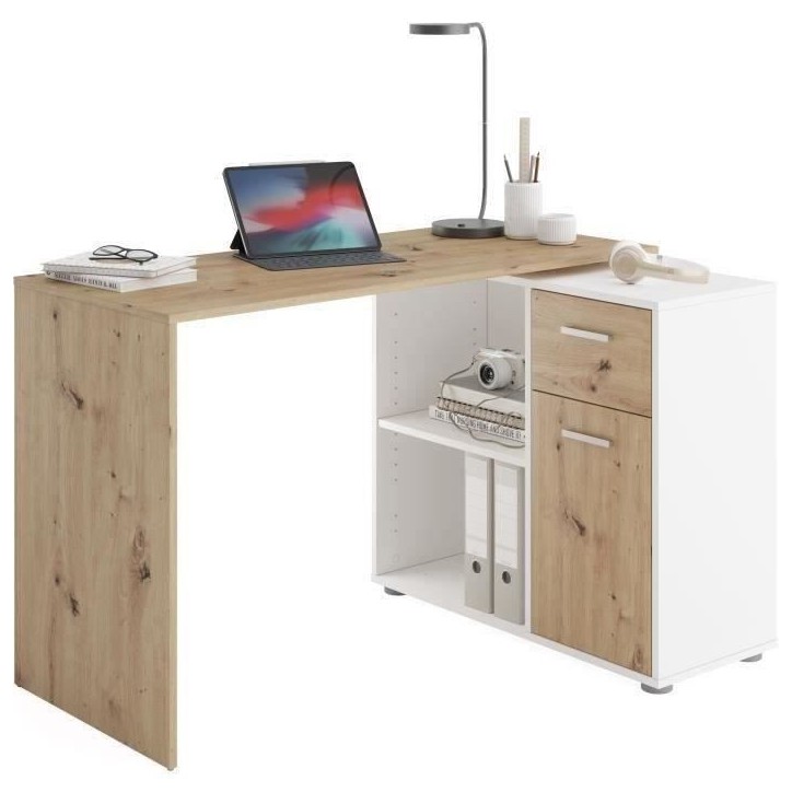 Bureau d'angle avec rangements Albrecht - Mélaminé chene et blanc - L83 x H74 x P117 cm Bureau d'angle avec rangements Albrecht - Mélaminé chene et blanc - L83 x H74 x P117 cm