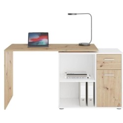 Bureau d'angle avec rangements Albrecht - Mélaminé chene et blanc -