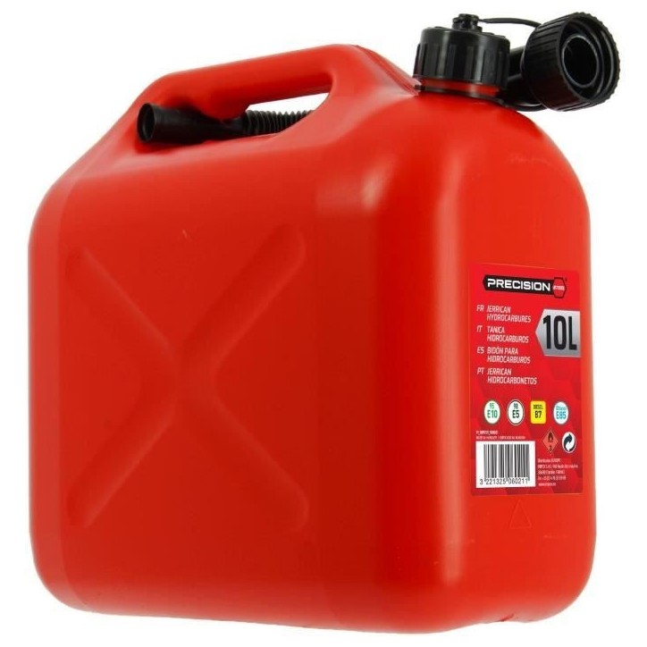 Jerrican 10L homologué carburants - PRECISION STEEL - L310 xl170 x H300mm - flexible diam : 19mm - L : 310mm - Diam goulot : 32 Jerrican 10L homologué carburants - PRECISION STEEL - L310 xl170 x H300mm - flexible diam : 19mm - L : 310mm - Diam goulot : 32
