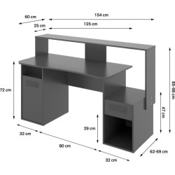 Bureau gaming - FOSK - Graphite -154 x 62/69 x 85/98 cm
