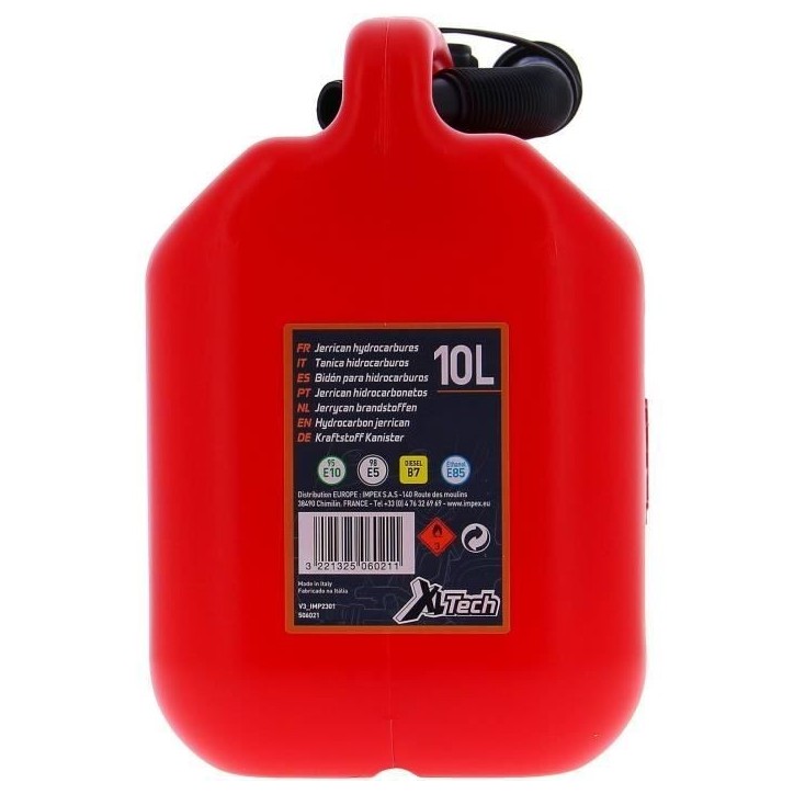 Jerrican 10L homologué carburants - PRECISION STEEL - L310 xl170 x H300mm - flexible diam : 19mm - L : 310mm - Diam goulot : 32 Jerrican 10L homologué carburants - PRECISION STEEL - L310 xl170 x H300mm - flexible diam : 19mm - L : 310mm - Diam goulot : 32