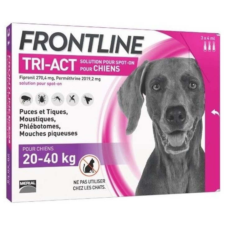 Frontline Tri-Act chien - Anti-puces anti-tiques pour chien L - 20-40kg - 3 pipettes