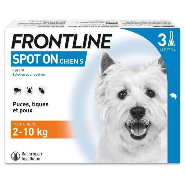 Frontline Spot On chien - Anti-puces anti-tiques pour chien S - 2-10kg - 3 pipettes Frontline Spot On chien - Anti-puces anti-tiques pour chien S - 2-10kg - 3 pipettes