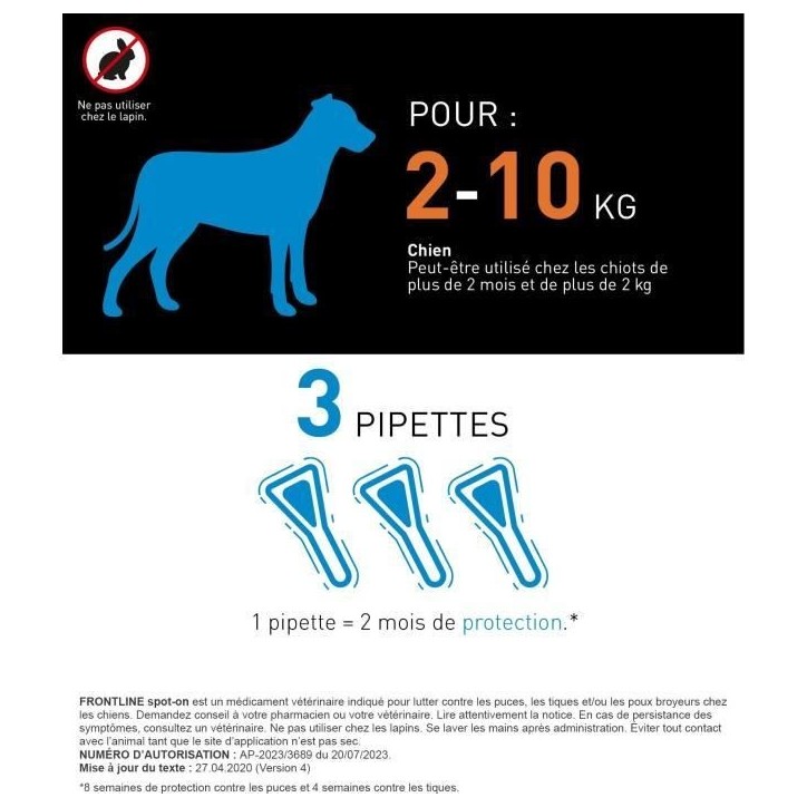 Frontline Spot On chien - Anti-puces anti-tiques pour chien S - 2-10kg - 3 pipettes Frontline Spot On chien - Anti-puces anti-tiques pour chien S - 2-10kg - 3 pipettes