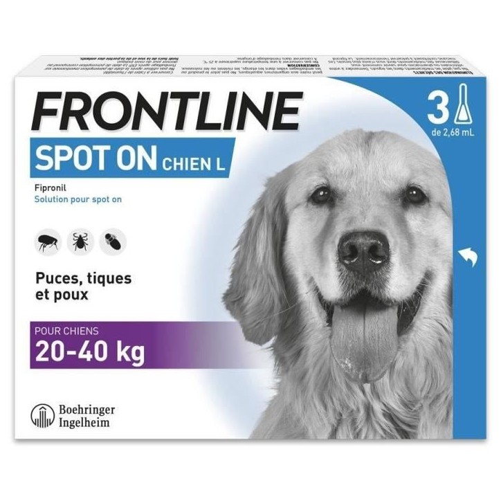 Frontline Spot On chien - Anti-puces anti-tiques pour chien L - 20-40kg - 3 pipettes