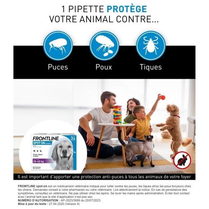 Frontline Spot On chien - Anti-puces anti-tiques pour chien L - 20-40kg - 3 pipettes
