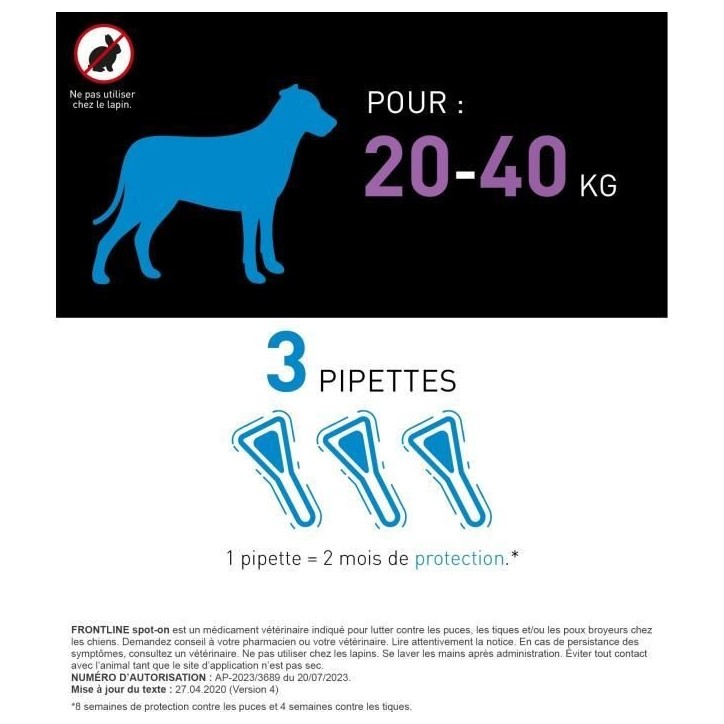 Frontline Spot On chien - Anti-puces anti-tiques pour chien L - 20-40kg - 3 pipettes