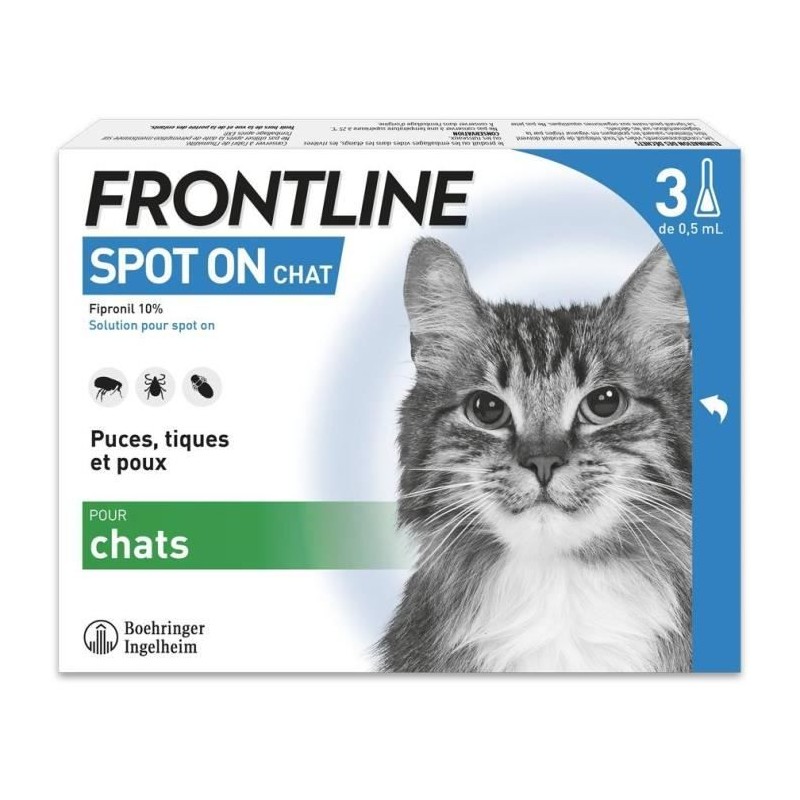 Frontline Spot On chat - Anti-puces anti-tiques pour chat - 3 pipettes Frontline Spot On chat - Anti-puces anti-tiques pour chat - 3 pipettes