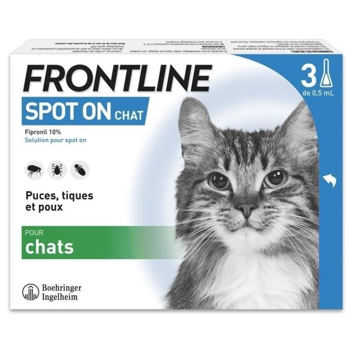 Frontline Spot On chat - Anti-puces anti-tiques pour chat - 3 pipettes Frontline Spot On chat - Anti-puces anti-tiques pour chat - 3 pipettes