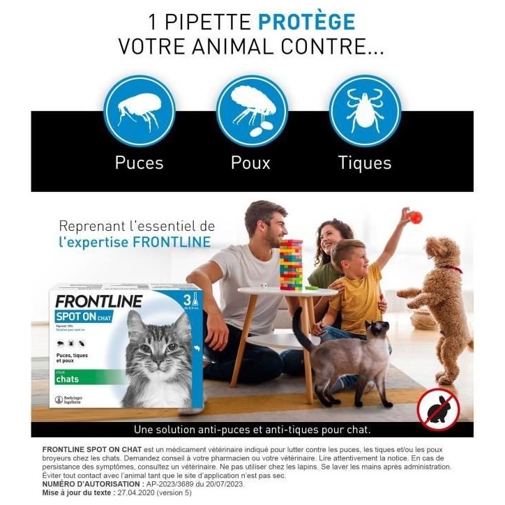 Frontline Spot On chat - Anti-puces anti-tiques pour chat - 3 pipettes Frontline Spot On chat - Anti-puces anti-tiques pour chat - 3 pipettes