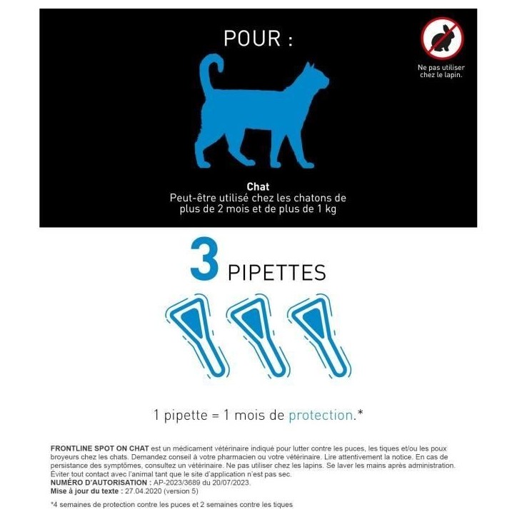 Frontline Spot On chat - Anti-puces anti-tiques pour chat - 3 pipettes Frontline Spot On chat - Anti-puces anti-tiques pour chat - 3 pipettes