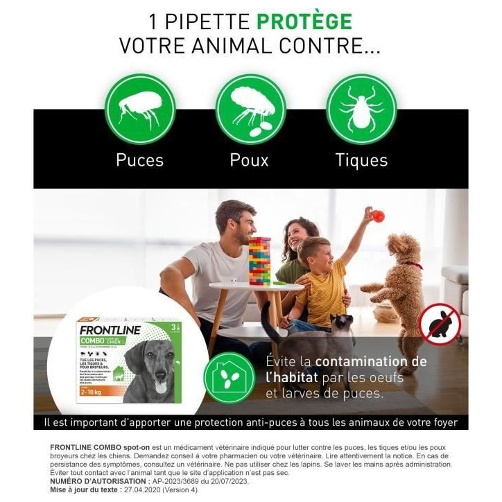 Frontline Combo chien - Anti-puces anti-tiques pour chien S - 2-10kg - 3 pipettes