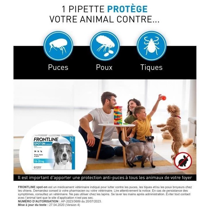 Frontline Spot On chien - Anti-puces anti-tiques pour chien M - 10-20kg - 3 pipettes Frontline Spot On chien - Anti-puces anti-tiques pour chien M - 10-20kg - 3 pipettes