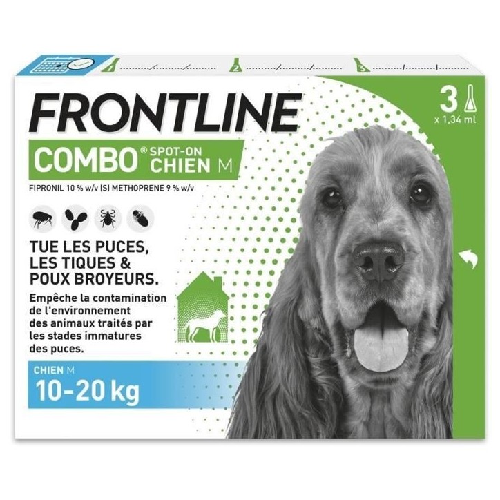 Frontline Combo chien - Anti-puces anti-tiques pour chien M - 10-20kg - 3 pipettes