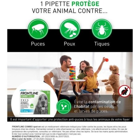 Frontline Combo chien - Anti-puces anti-tiques pour chien M - 10-20kg - 3 pipettes