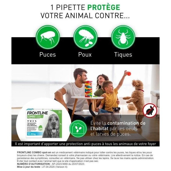 Frontline Combo chien - Anti-puces anti-tiques pour chien M - 10-20kg - 3 pipettes