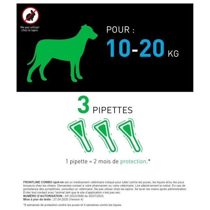 Frontline Combo chien - Anti-puces anti-tiques pour chien M - 10-20kg - 3 pipettes