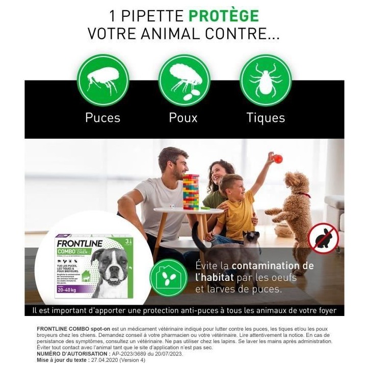 Frontline Combo chien - Anti-puces anti-tiques pour chien L - 20-40kg - 3 pipettes Frontline Combo chien - Anti-puces anti-tiques pour chien L - 20-40kg - 3 pipettes