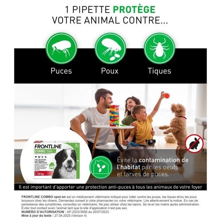 Frontline Combo chien - Anti-puces anti-tiques pour chien XL - 40-60kg - 3 pipettes Frontline Combo chien - Anti-puces anti-tiques pour chien XL - 40-60kg - 3 pipettes