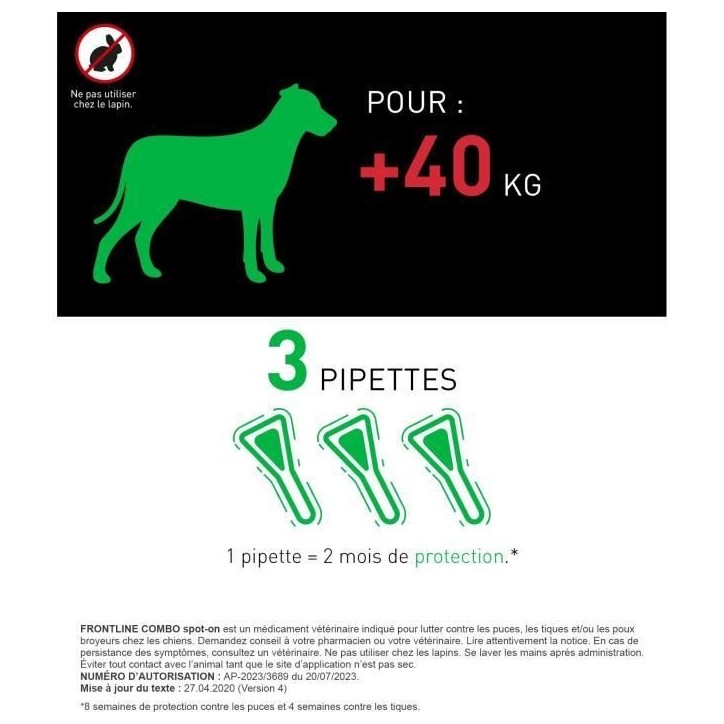 Frontline Combo chien - Anti-puces anti-tiques pour chien XL - 40-60kg - 3 pipettes Frontline Combo chien - Anti-puces anti-tiques pour chien XL - 40-60kg - 3 pipettes