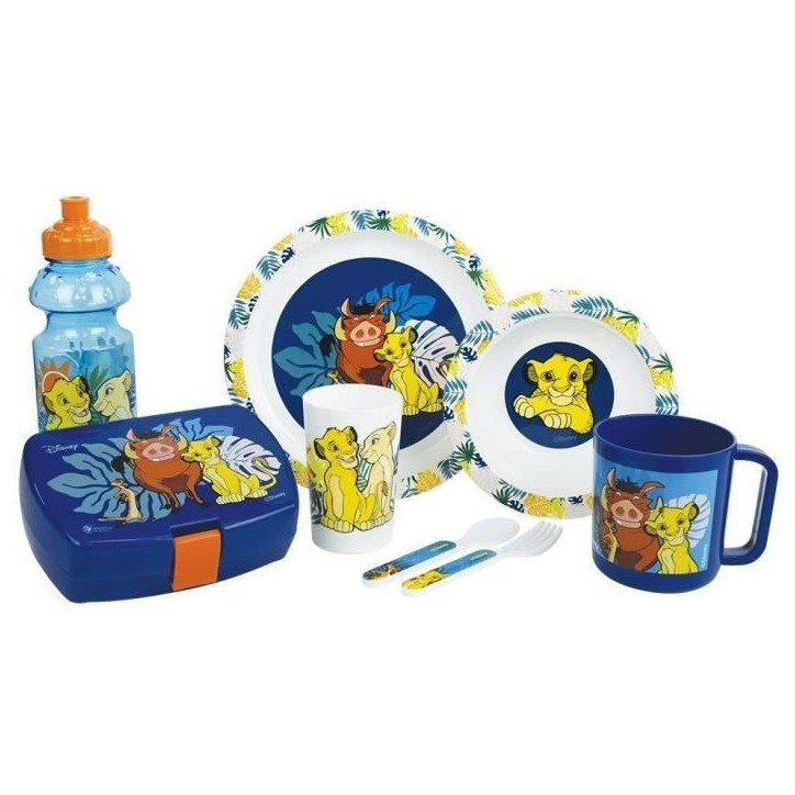 Lot Vaisselle Disney Le Roi Lion - FUN HOUSE - 006360 - Verre, Assiette Creuse, Assiette Plate, Mug, Gourde, Boîte Goûter Couv