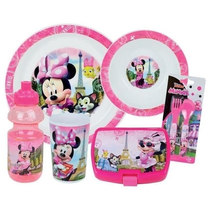 Lot Vaisselle Disney Minnie - FUN HOUSE - 006377 - Verre, Assiette Creuse, Assiette Plate, Gourde, Boîte Goûter et Couverts
