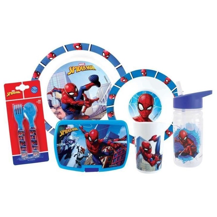 Lot vaisselle - FUN HOUSE - SPIDERMAN - Verre, assiette Ø22 cm et Ø16 cm, couverts, gourde et boite goûter Lot vaisselle - FUN HOUSE - SPIDERMAN - Verre, assiette Ø22 cm et Ø16 cm, couverts, gourde et boite goûter
