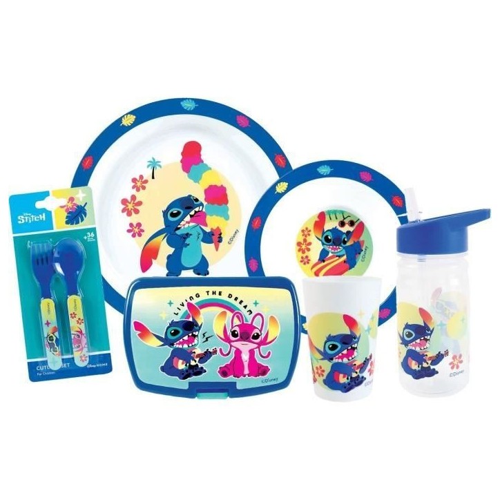 Lot vaisselle - FUN HOUSE - LILO ET STITCH Verre, assiette Ø22 cm et Ø16 cm, couverts, gourde et boite goûter