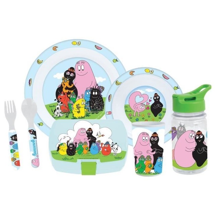 Lot vaisselle - FUN HOUSE - BARBAPAPA - Verre, assiette Ø22 cm et Ø16 cm, couverts, gourde et boite goûter