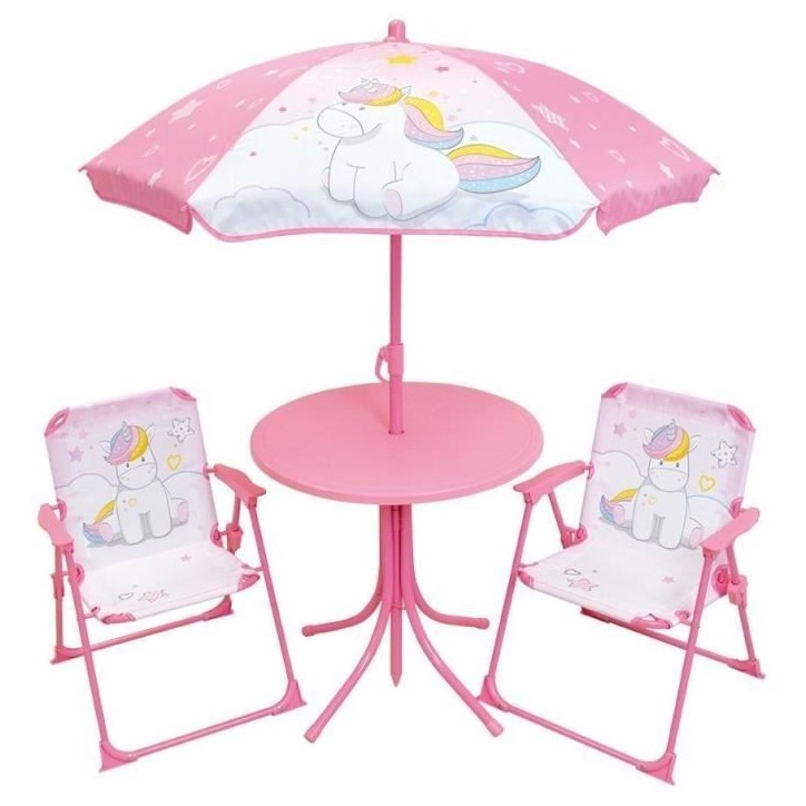 Mobilier de jardin - FUN HOUSE - Salon de jardin Licorne : Table H.46 x 46 cm, 2 chaises pliantes, parasol H.125 x100 cm Mobilier de jardin - FUN HOUSE - Salon de jardin Licorne : Table H.46 x 46 cm, 2 chaises pliantes, parasol H.125 x100 cm