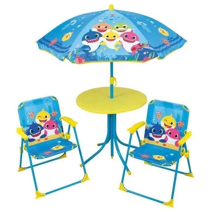FUN HOUSE Baby Shark Salon de jardin - 1 table H.46xø46 cm, 2 chaises H.53xl.38,5xP.37,5 cm et 1 parasol H.125 x ø100 cm FUN HOUSE Baby Shark Salon de jardin - 1 table H.46xø46 cm, 2 chaises H.53xl.38,5xP.37,5 cm et 1 parasol H.125 x ø100 cm